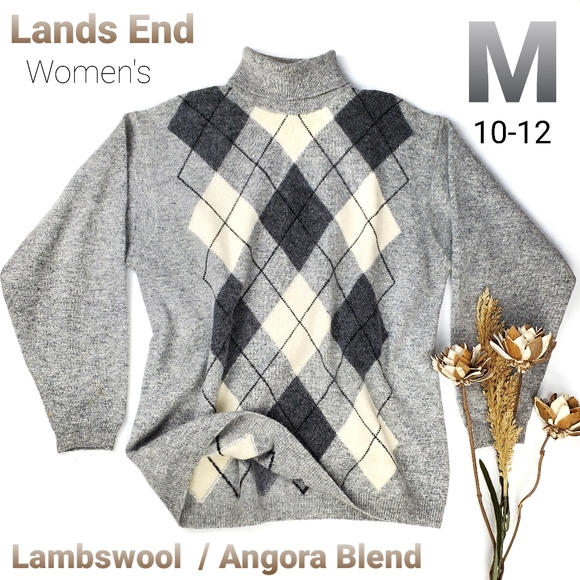 Lands' End Sweaters - Lands' End Wool Grey Cream Argyle Turtle Sweater M